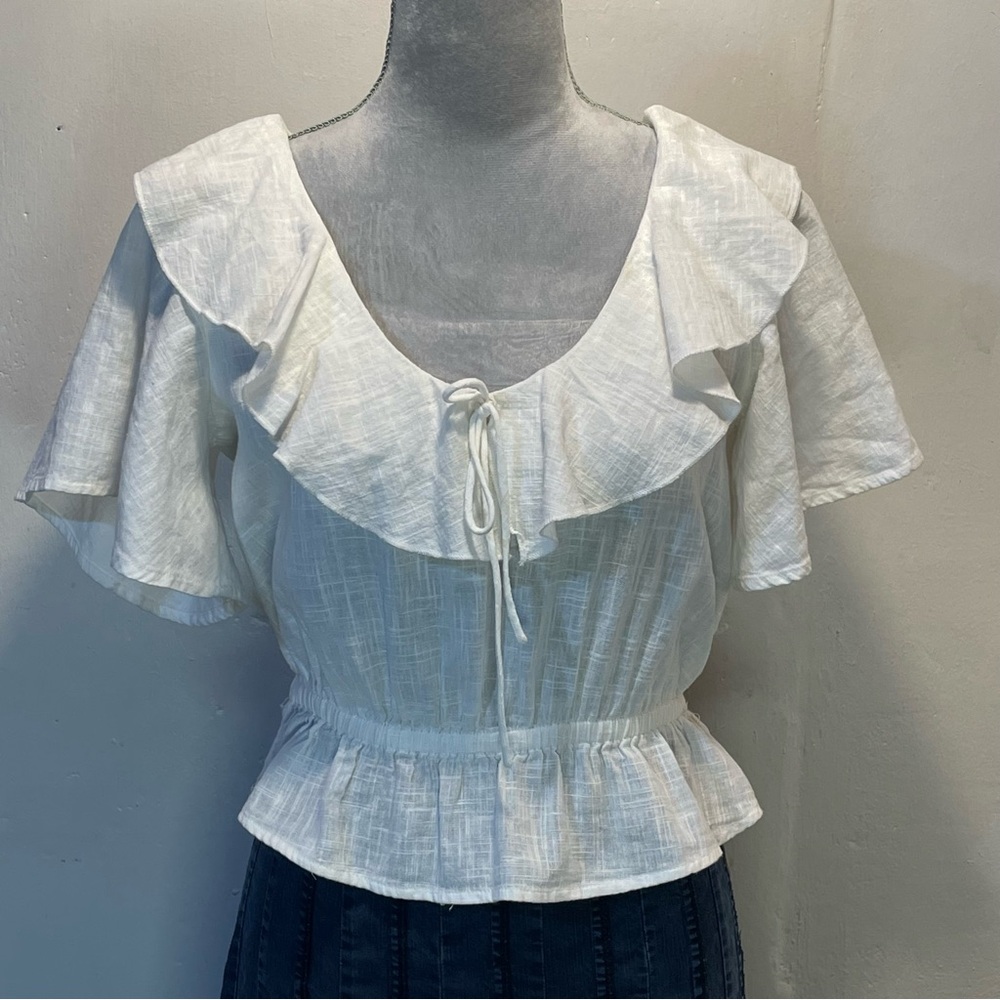 #0253 Billabong White Ruffled Peplum Blouse-S - Picture 1 of 7